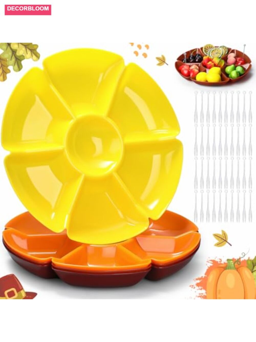 4 Pc Divided Serving Plates & Trays with Forks Heavyweight Plastic
